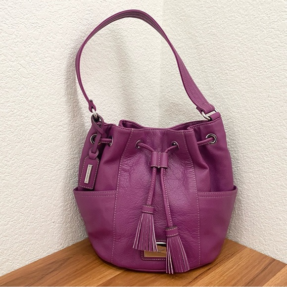 TIGNANELLO Purple Magenta Pebbled Leather Drawstring Tassel Bucket Shoulder Bag - Picture 10 of 16